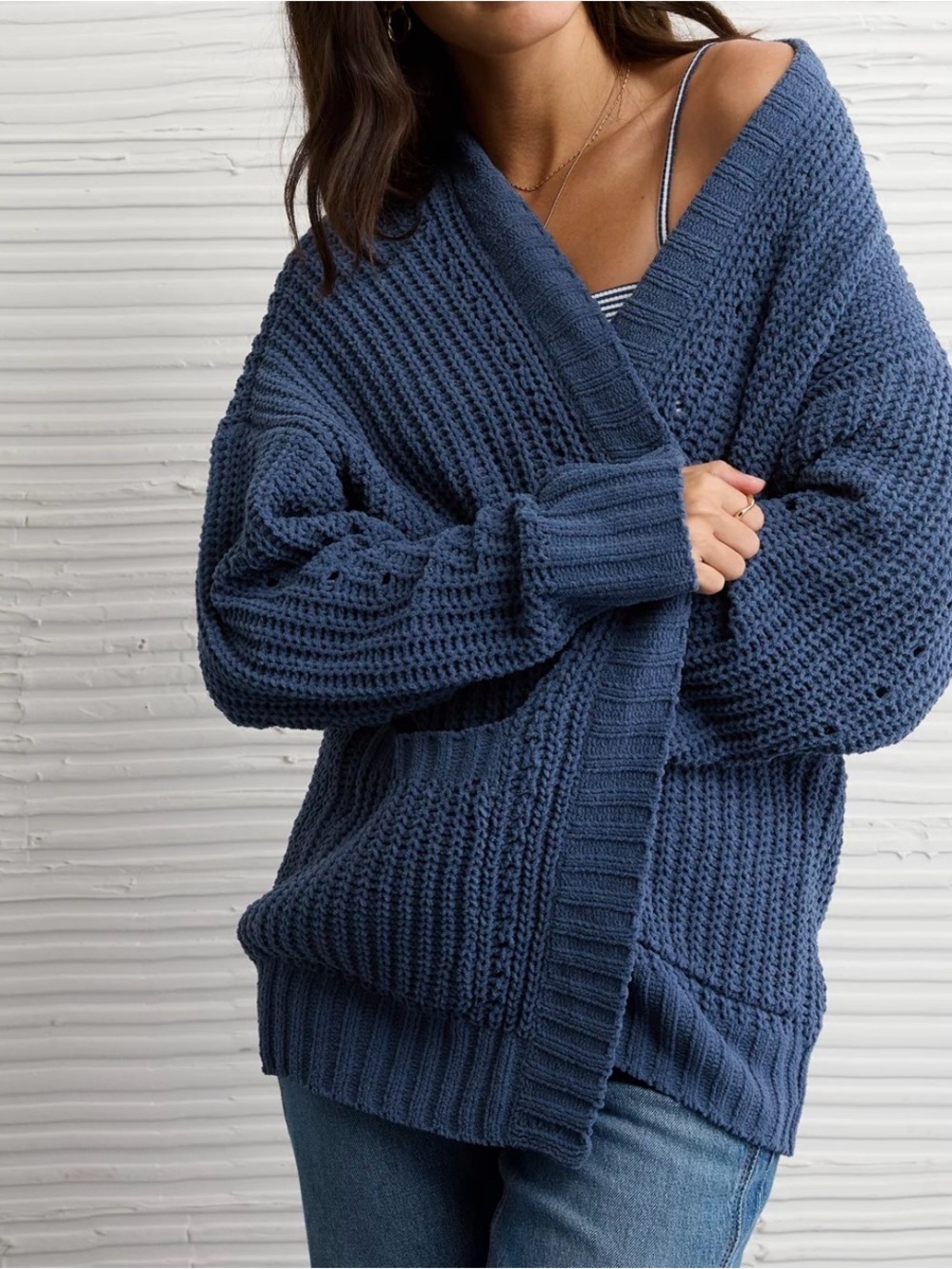 American Eagle Outfitters Chunky Knit V-Neck Cardigan - Blue